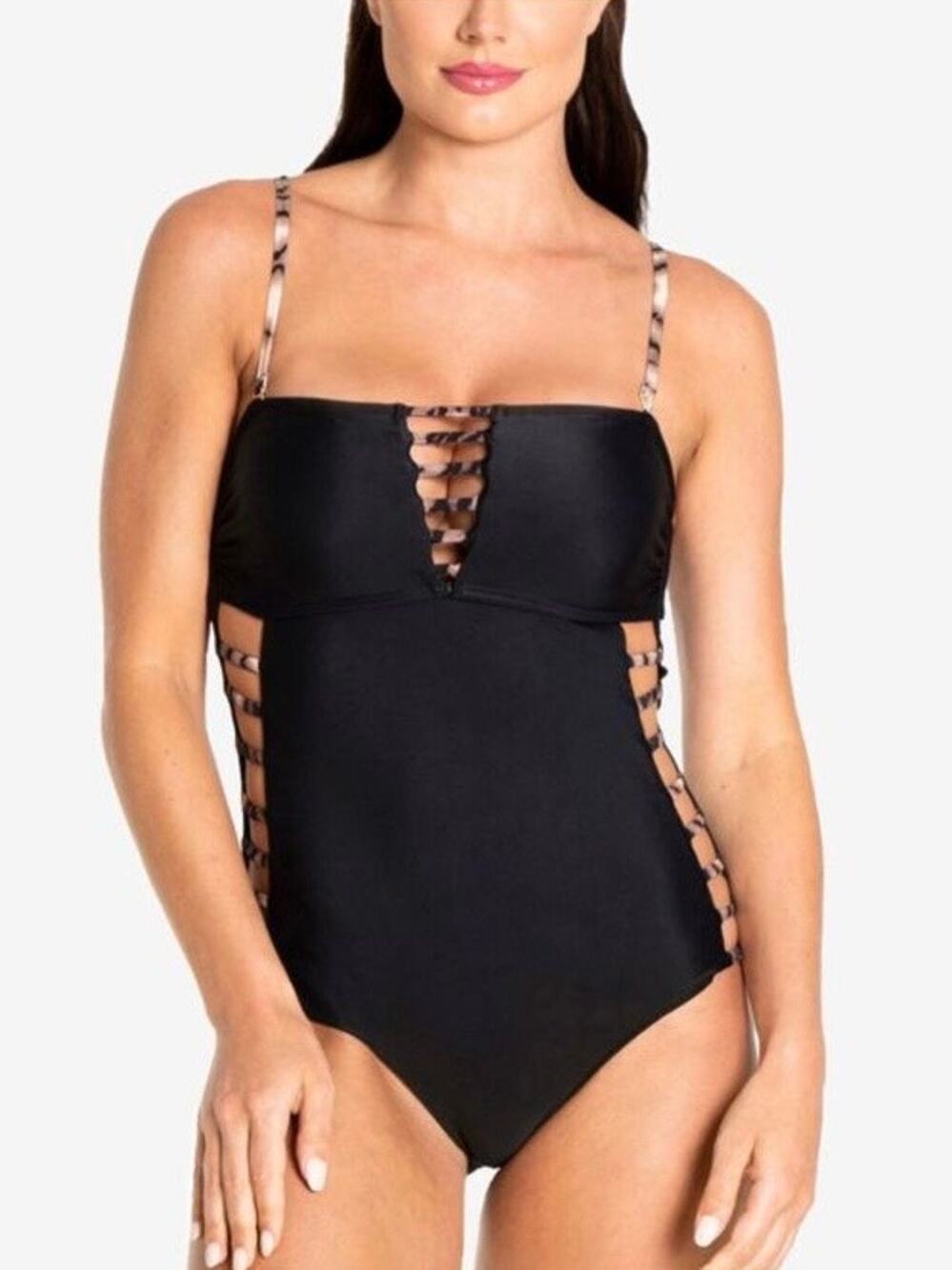 Rachel Rachel Roy Black Strappy Bandeau One Piece Swim Suit XS NWT